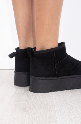 Black Faux Suede Ultra Mini Ankle Ribbed Sole Platform Boots