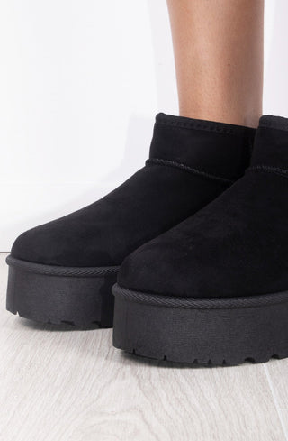 Black Faux Suede Ultra Mini Ankle Ribbed Sole Platform Boots