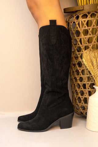 Black Faux Suede Western Style Knee High Cowboy Boot