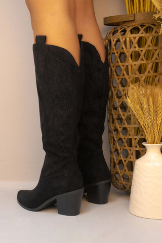 Black Faux Suede Western Style Knee High Cowboy Boot