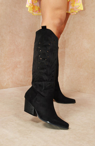 Black Faux Suede Western Style Knee High Cut Out Cowboy Boot