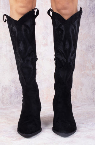 Black Faux Suede Western Style Knee High Mesh Cowboy Boot