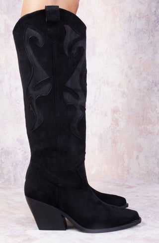 Black Faux Suede Western Style Knee High Mesh Cowboy Boot