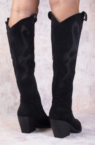 Black Faux Suede Western Style Knee High Mesh Cowboy Boot