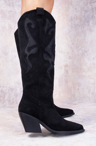 Black Faux Suede Western Style Knee High Mesh Cowboy Boot