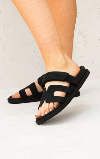 Black Gladiator Faux Suede Velcro Strap Flat Sandals