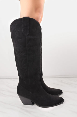 Black Knee High Embroidery Faux Suede Cowboy Boot