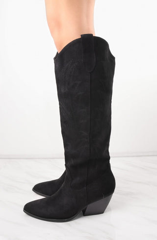 Black Knee High Embroidery Faux Suede Cowboy Boot