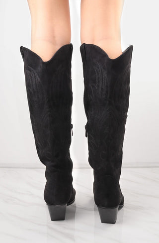 Black Knee High Embroidery Faux Suede Cowboy Boot