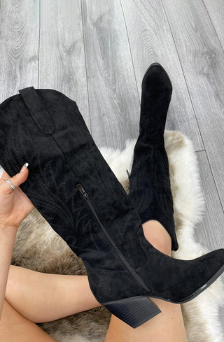 Black Knee High Embroidery Faux Suede Cowboy Boot