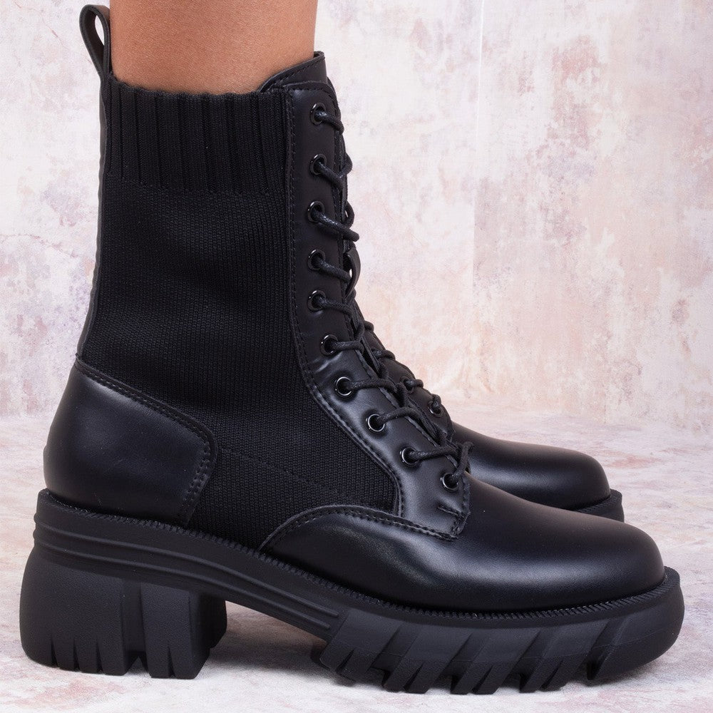 
                      
                        Black Knitted Chunky Sole Biker Boots
                      
                    