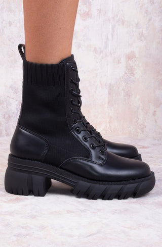 Black Knitted Chunky Sole Biker Boots