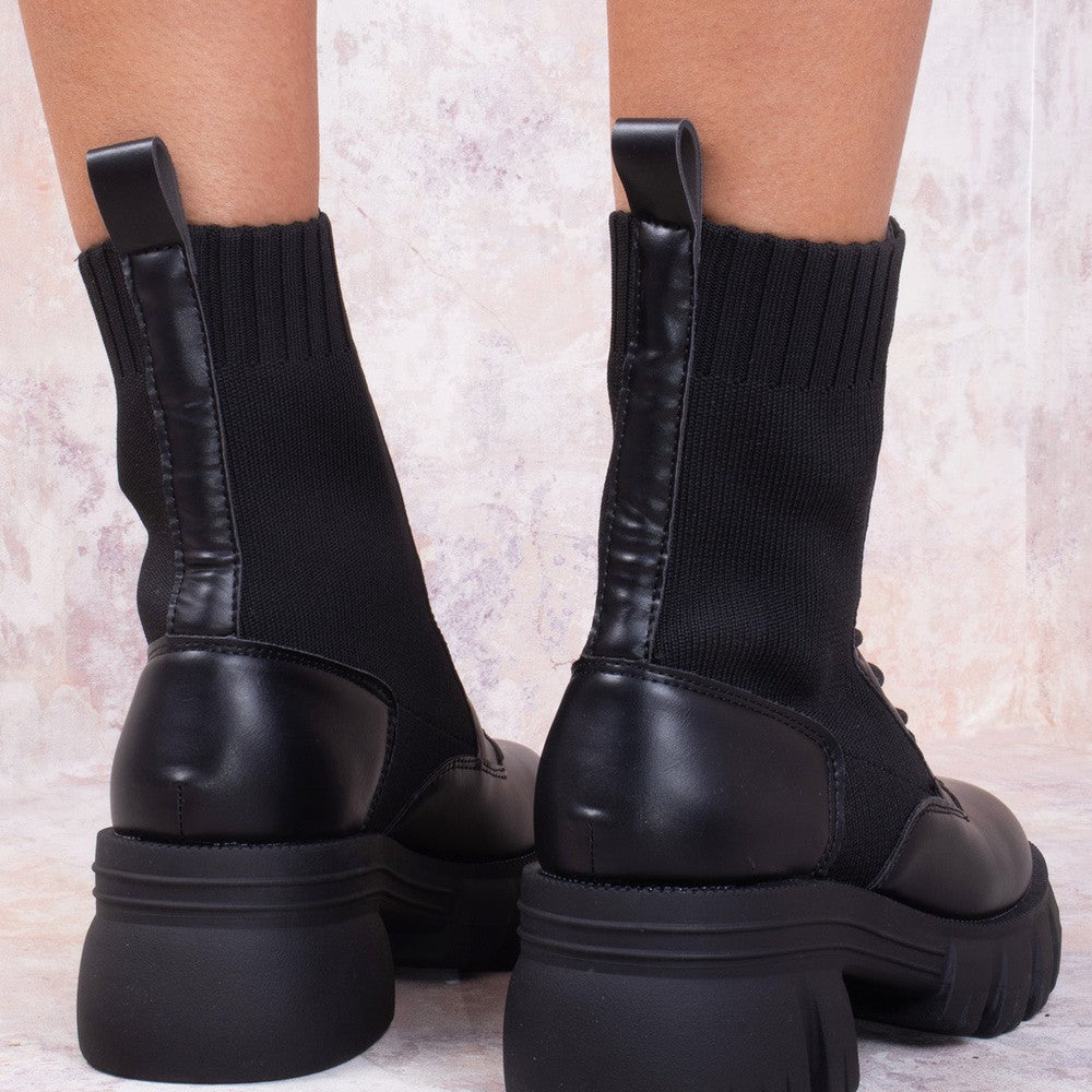 
                      
                        Black Knitted Chunky Sole Biker Boots
                      
                    