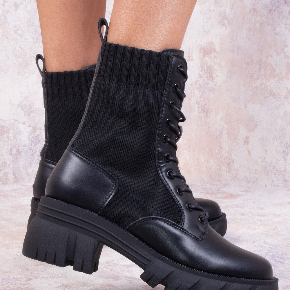 Black Knitted Chunky Sole Biker Boots