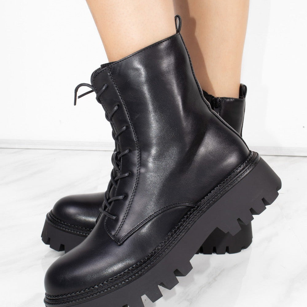 Black Lace Up Chunky Short Platform Ankle Boots