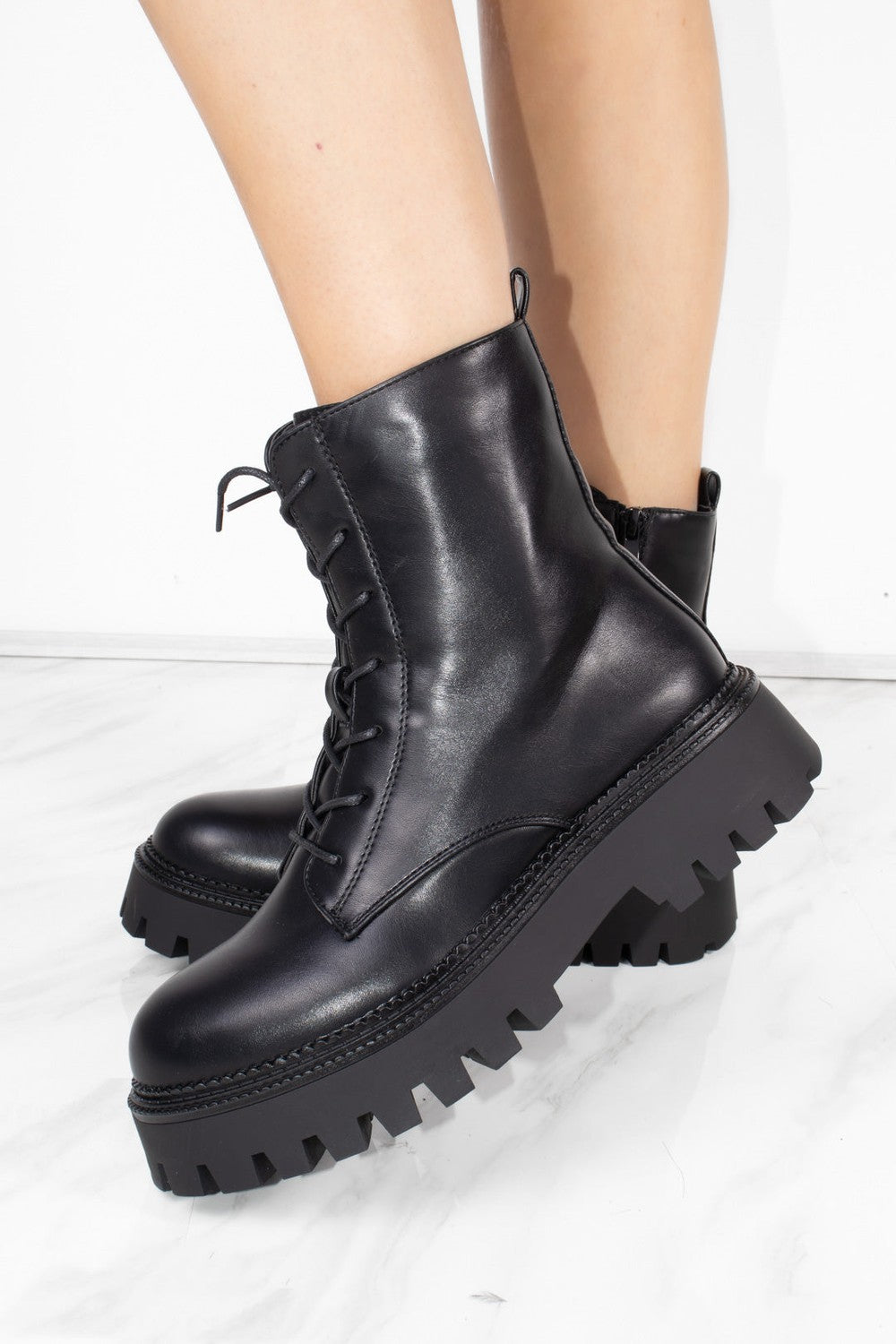 Black Lace Up Chunky Short Platform Ankle Boots