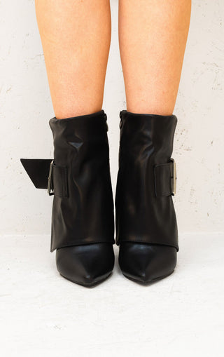 Black Leather Fold Over Buckle Strap Design Shark Ankle Boot