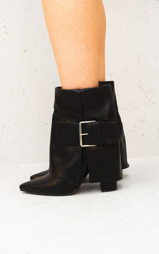 Black Leather Fold Over Buckle Strap Design Shark Ankle Boot