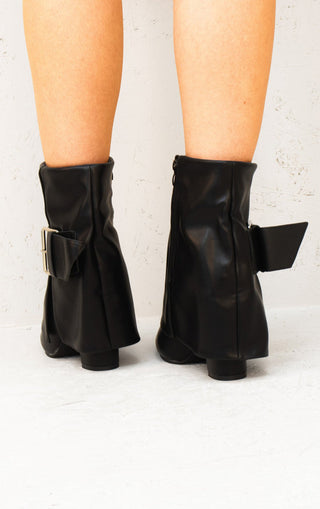 Black Leather Fold Over Buckle Strap Design Shark Ankle Boot