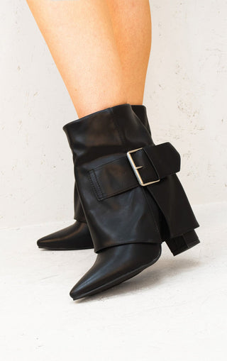 Black Leather Fold Over Buckle Strap Design Shark Ankle Boot