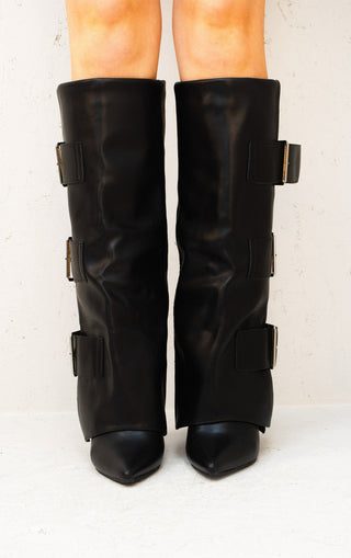 Black Leather Fold Over Buckle Strap Design Shark Knee High Boot