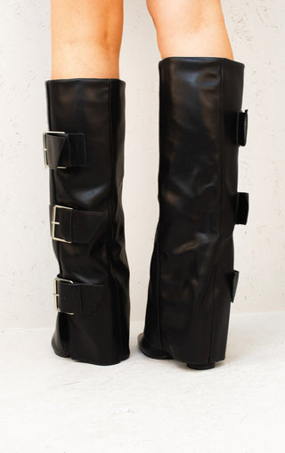 Black Leather Fold Over Buckle Strap Design Shark Knee High Boot