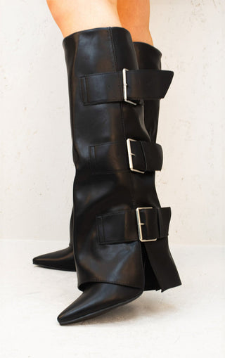 Black Leather Fold Over Buckle Strap Design Shark Knee High Boot