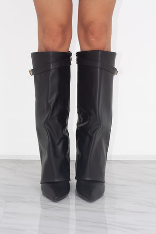 Black Leather Fold Over Shark Classic Buckle Knee High Boot