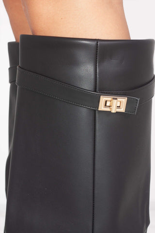 Black Leather Fold Over Shark Classic Buckle Knee High Boot