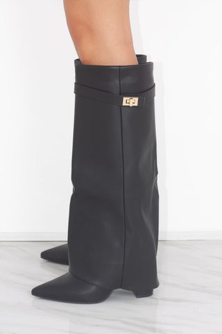 Black Leather Fold Over Shark Classic Buckle Knee High Boot