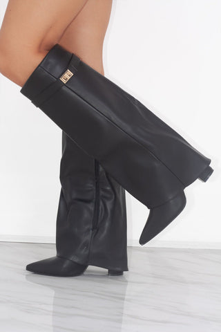 Black Leather Fold Over Shark Classic Buckle Knee High Boot