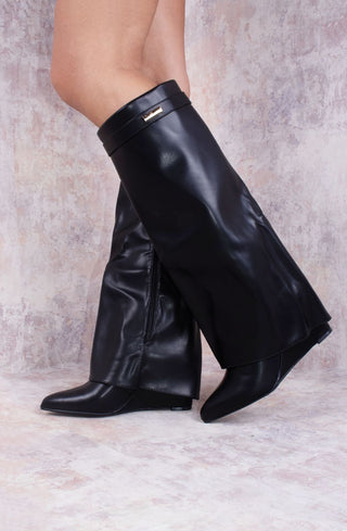 Black Leather Fold Over Shark Classic Wedge Heel Buckle Knee High Boot