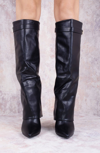 Black Leather Fold Over Shark Velcro Buckle Knee High Boot