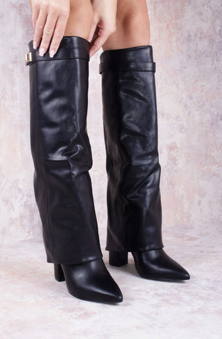 Black Leather Fold Over Shark Velcro Buckle Knee High Boot