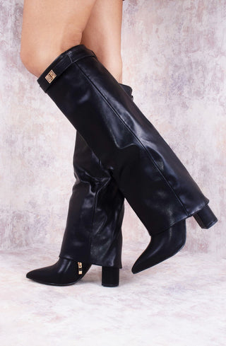 Black Leather Fold Over Shark Velcro Buckle Knee High Boot