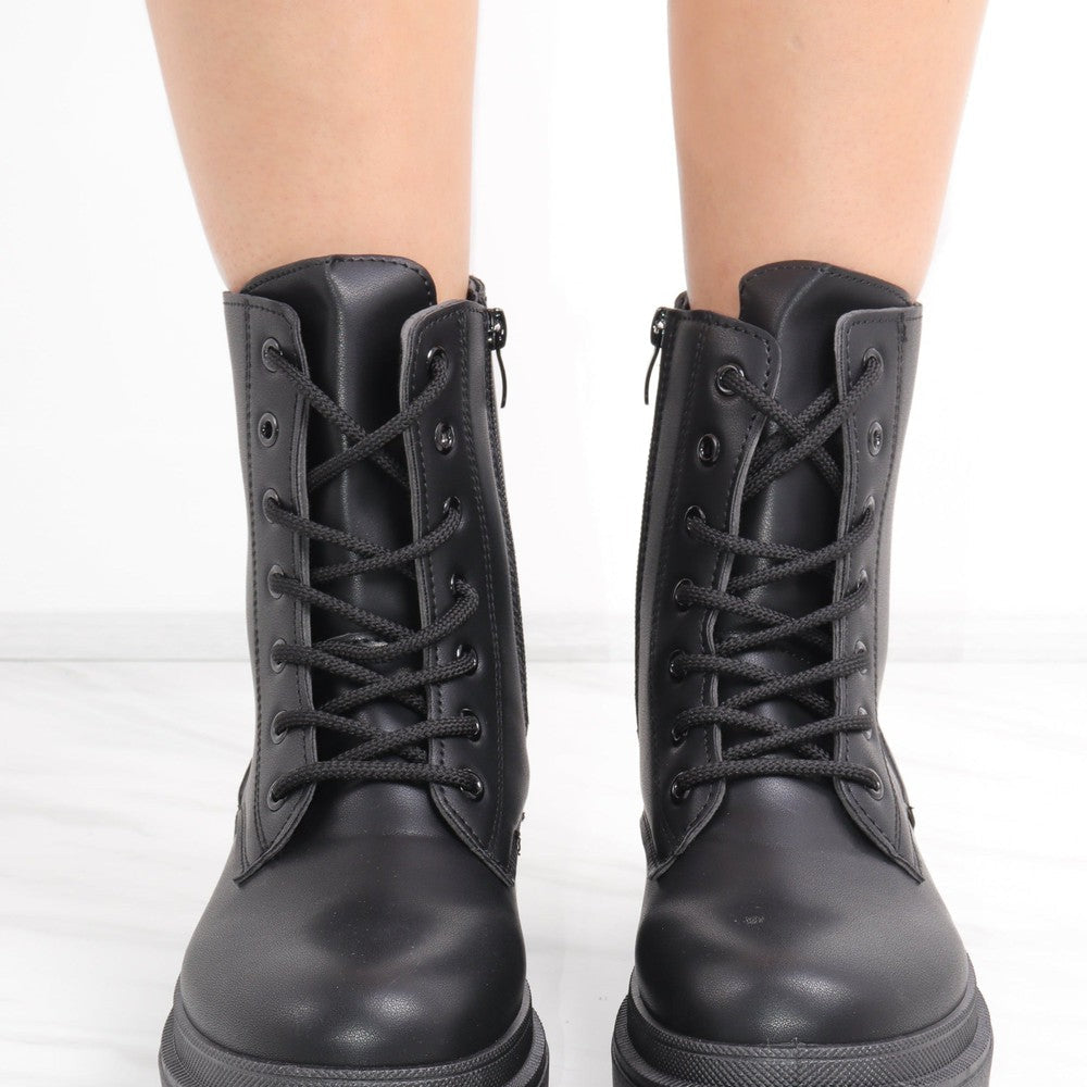 
                      
                        Black Matte Faux Leather Side Zip Lace Up Boot
                      
                    