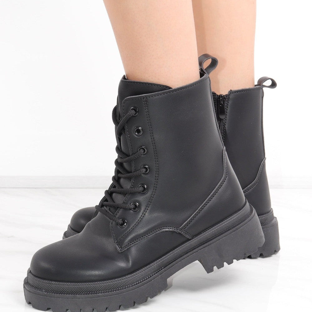 Black Matte Faux Leather Side Zip Lace Up Boot