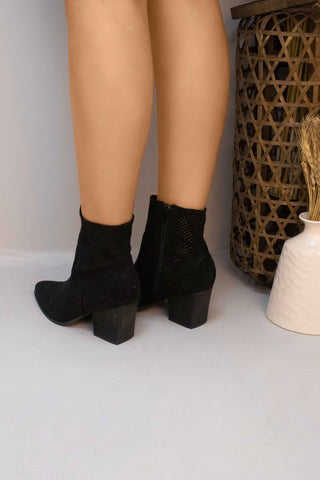 Black Mesh Embroidered Detail Faux Suede Cowboy Boots