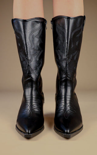 Black Mesh Pattern Detail Mid Calf Faux Leather Cowboy Boots