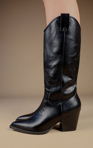 Black Mesh Pattern Detail Mid Calf Faux Leather Cowboy Boots