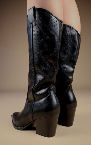 Black Mesh Pattern Detail Mid Calf Faux Leather Cowboy Boots