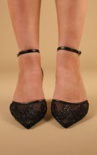 Black Mesh and Diamante Mid Heel Court Shoe