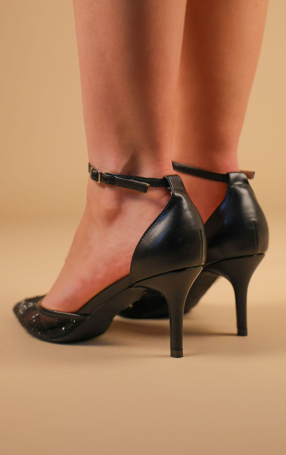 Womens Black Mesh and Diamante Mid Heel Court Shoe Miss Moda Luxe