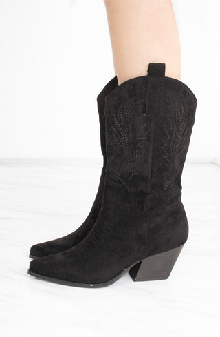 Black Mid Embroidered Almond Toe Cowboy Boot