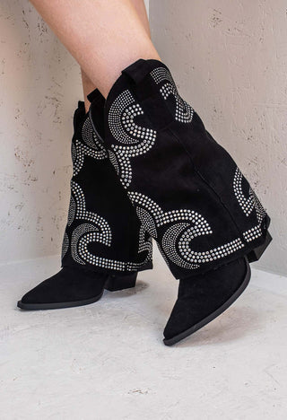 Black Mid Length Diamante Western Shark Boot