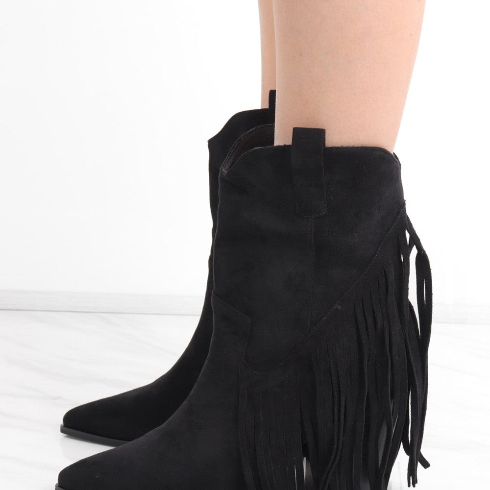 
                      
                        Black Mid Western Faux Suede Fringe Cowboy Boot
                      
                    