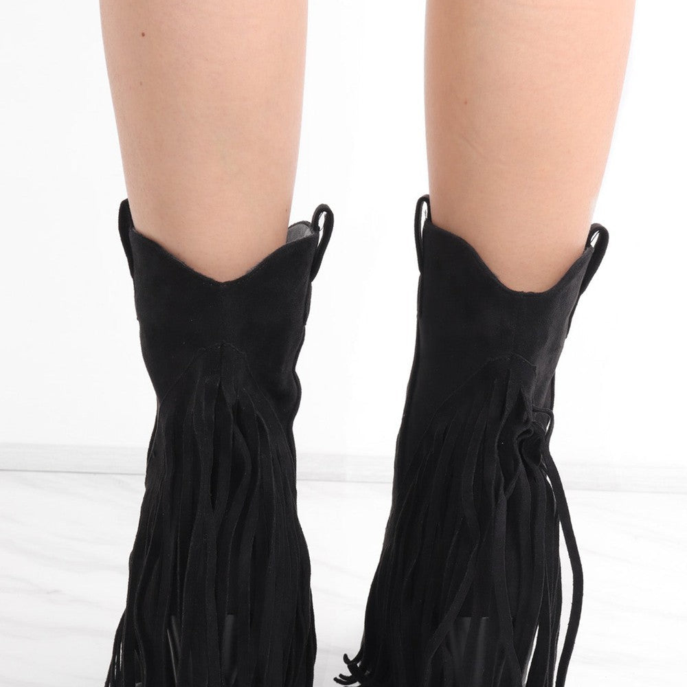 
                      
                        Black Mid Western Faux Suede Fringe Cowboy Boot
                      
                    