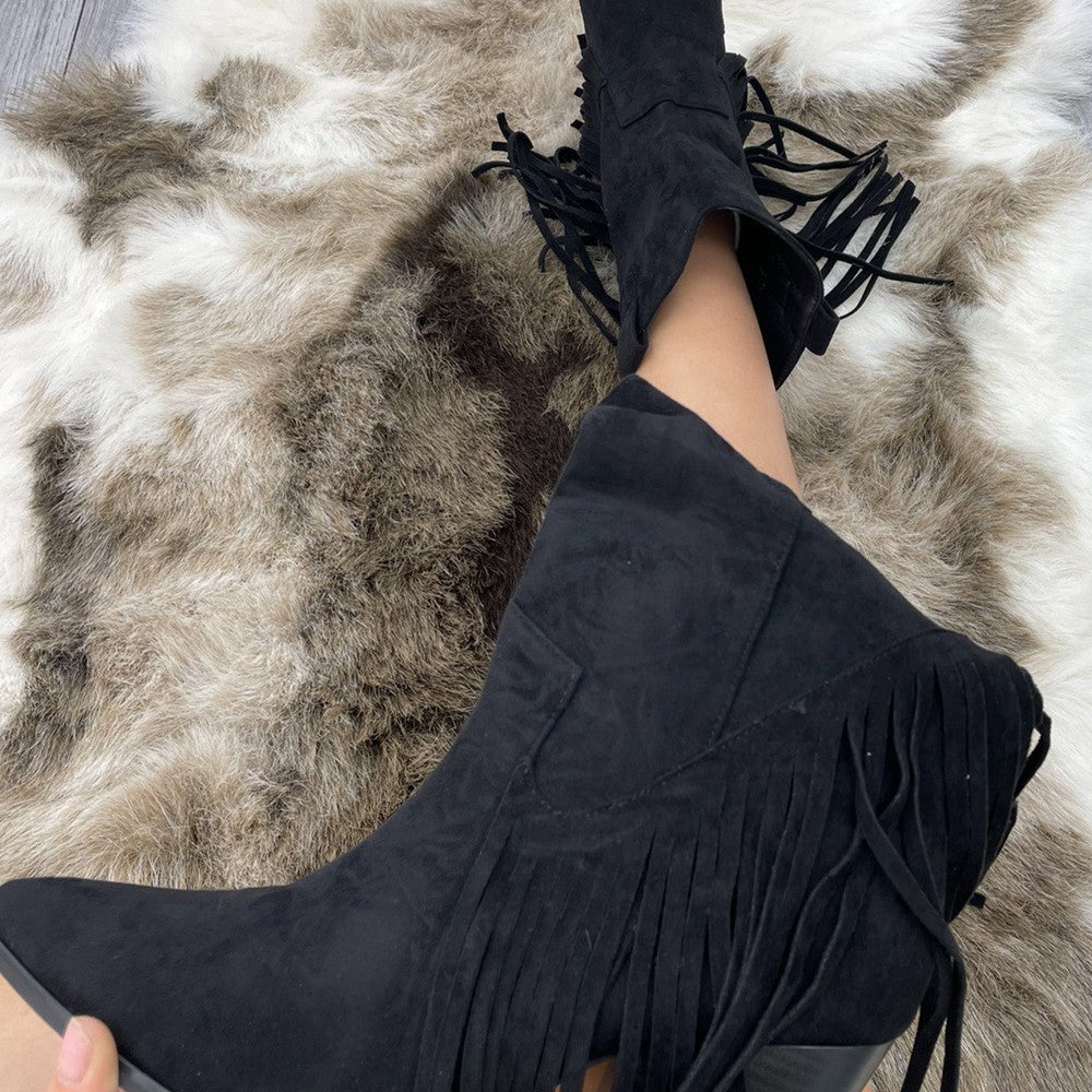 
                      
                        Black Mid Western Faux Suede Fringe Cowboy Boot
                      
                    