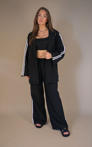 Black Oversized Blazer Co Ord Suit Straight Leg Trouser Contrast Stripe detail