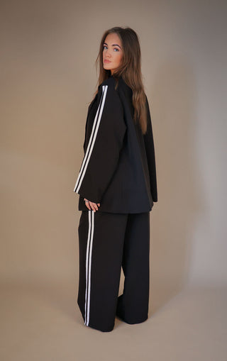 Black Oversized Blazer Co Ord Suit Straight Leg Trouser Contrast Stripe detail